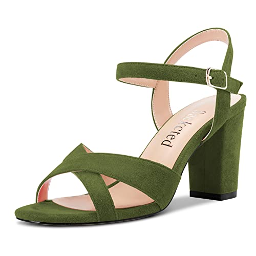 Saekcted Damen Mittlerem Absatz Heel Chunky Blockabsatz Peep Open Zehenkappe Slingback Sandalen Knöchelriemen Schnalle Dress 8 CM Heels Dunkelgrün Wildleder 43 EU von Saekcted