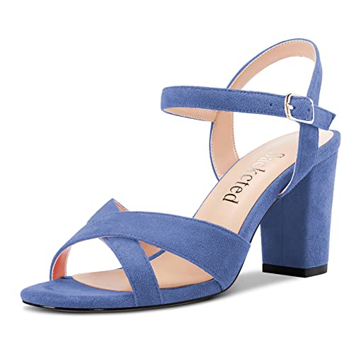 Saekcted Damen Mittlerem Absatz Heel Chunky Blockabsatz Peep Open Zehenkappe Slingback Sandalen Knöchelriemen Schnalle Dress 8 CM Heels Hellblau 35 EU von Saekcted
