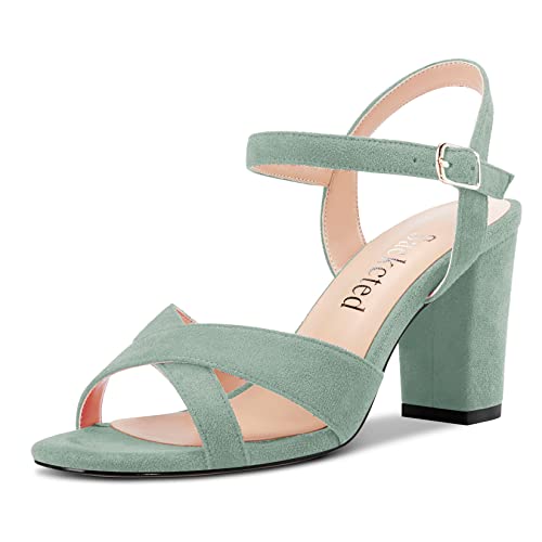 Saekcted Damen Mittlerem Absatz Heel Chunky Blockabsatz Peep Open Zehenkappe Slingback Sandalen Knöchelriemen Schnalle Dress 8 CM Heels Hellgrün 40 EU von Saekcted