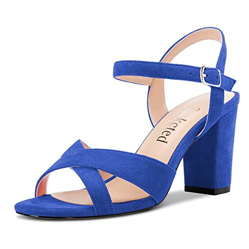 Saekcted Damen Mittlerem Absatz Heel Chunky Blockabsatz Peep Open Zehenkappe Slingback Sandalen Knöchelriemen Schnalle Dress 8 CM Heels Königsblau 41 EU von Saekcted