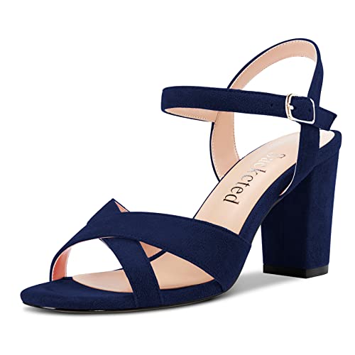 Saekcted Damen Mittlerem Absatz Heel Chunky Blockabsatz Peep Open Zehenkappe Slingback Sandalen Knöchelriemen Schnalle Dress 8 CM Heels Navy Blau 38 EU von Saekcted