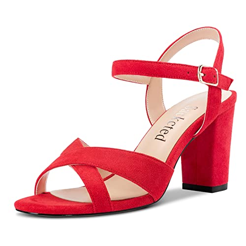 Saekcted Damen Mittlerem Absatz Heel Chunky Blockabsatz Peep Open Zehenkappe Slingback Sandalen Knöchelriemen Schnalle Dress 8 CM Heels Rot Wildleder 40 EU von Saekcted