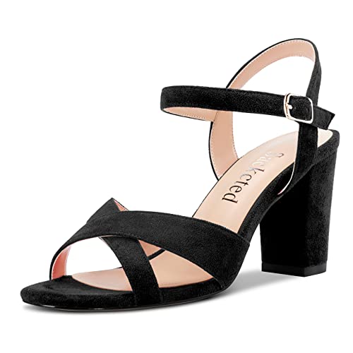 Saekcted Damen Mittlerem Absatz Heel Chunky Blockabsatz Peep Open Zehenkappe Slingback Sandalen Knöchelriemen Schnalle Dress 8 CM Heels Schwarz Wildleder 44 EU von Saekcted