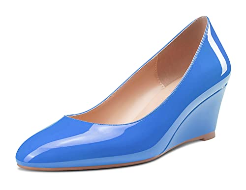 Saekcted Damen Mittlerem Absatz Heel Keilabsatz Runde Zehenkappe Slip-on Pumps Klassisch Cute Dress 5 cm Heels Blau 40 EU von Saekcted
