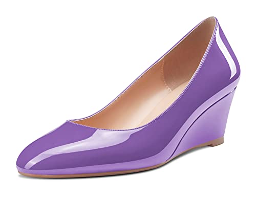 Saekcted Damen Mittlerem Absatz Heel Keilabsatz Runde Zehenkappe Slip-on Pumps Klassisch Cute Dress 5 cm Heels Violett 39 EU von Saekcted