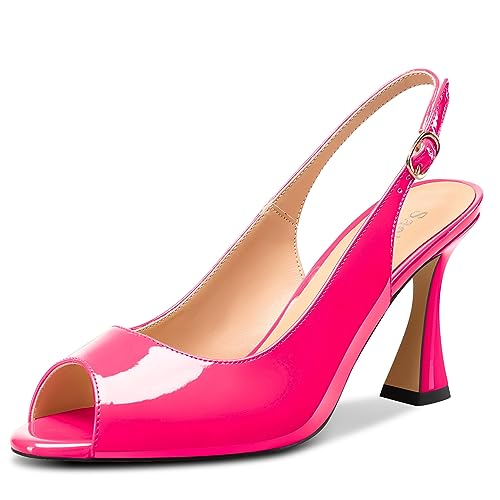 Saekcted Damen Mittlerem Absatz Heel Peep Open Zehenkappe Pumps Sandalen Knöchelriemen Slingback Slip-on Schnalle Abschlussball Cute Dress Sommer 8.5 cm Heels Magenta 38 EU von Saekcted