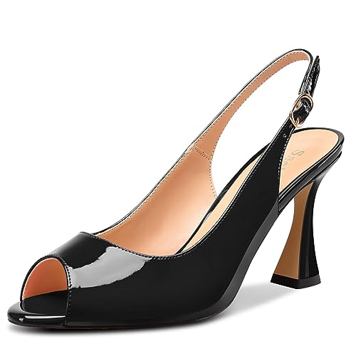 Saekcted Damen Mittlerem Absatz Heel Peep Open Zehenkappe Pumps Sandalen Knöchelriemen Slingback Slip-on Schnalle Abschlussball Cute Dress Sommer 8.5 cm Heels Schwarz 44 EU von Saekcted