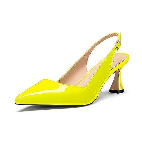 Saekcted Damen Mittlerem Absatz Heel Spitze Zehenkappe Pumps Knöchelriemen Slingback Slip-on Abschlussball Cute Sommer 6.5 cm Heels Gelb 43 EU von Saekcted