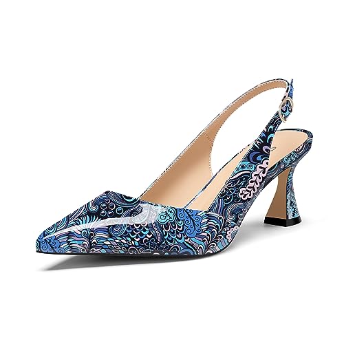 Saekcted Damen Mittlerem Absatz Heel Spitze Zehenkappe Pumps Knöchelriemen Slingback Slip-on Abschlussball Cute Sommer 6.5 cm Heels Pfauenblau 41 EU von Saekcted