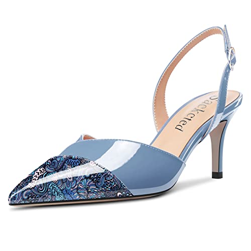 Saekcted Damen Mittlerem Absatz Heel Spitze Zehenkappe Sandalen Slingback Slip-on Schnalle Party Cute 6.5 CM Heels Blau Mehrfarbig 37 EU von Saekcted