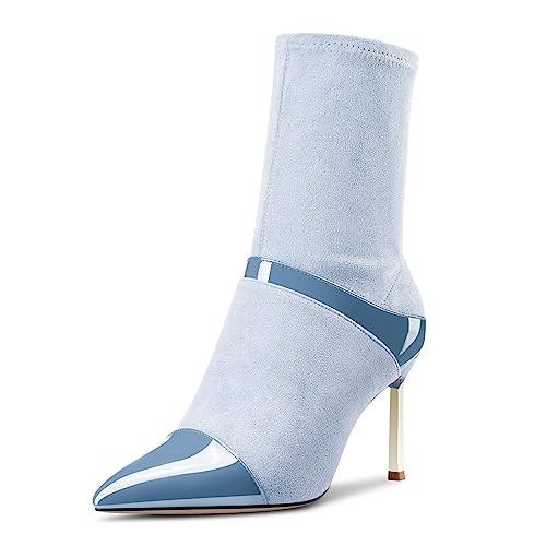 Saekcted Damen Mittlerem Absatz Heel Spitze Zehenkappe Stiefeletten Reißverschluss Patchwork Party Cute Winter Stiefel Hellblau 38 EU von Saekcted