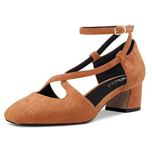 Saekcted Damen Mittlerem Chunky Blockabsatz Absatz Heel Eckige Zehenkappe Pumps Kreuzriemen Knöchelriemen Schnalle Party Cute Schuhe Braun Wildleder 41 EU von Saekcted