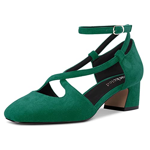 Saekcted Damen Mittlerem Chunky Blockabsatz Absatz Heel Eckige Zehenkappe Pumps Kreuzriemen Knöchelriemen Schnalle Party Cute Schuhe Dunkelgrün Wildleder 39 EU von Saekcted