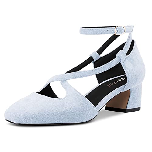 Saekcted Damen Mittlerem Chunky Blockabsatz Absatz Heel Eckige Zehenkappe Pumps Kreuzriemen Knöchelriemen Schnalle Party Cute Schuhe Hellblau Wildleder 39 EU von Saekcted