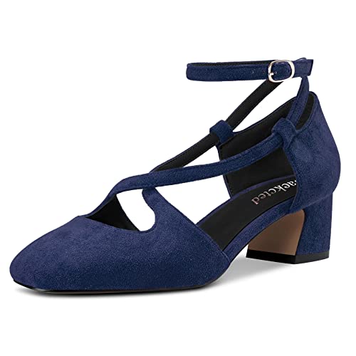 Saekcted Damen Mittlerem Chunky Blockabsatz Absatz Heel Eckige Zehenkappe Pumps Kreuzriemen Knöchelriemen Schnalle Party Cute Schuhe Navy Blau Wildleder 35 EU von Saekcted