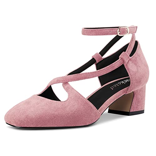 Saekcted Damen Mittlerem Chunky Blockabsatz Absatz Heel Eckige Zehenkappe Pumps Kreuzriemen Knöchelriemen Schnalle Party Cute Schuhe Rosa Wildleder 39 EU von Saekcted