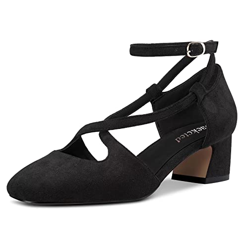 Saekcted Damen Mittlerem Chunky Blockabsatz Absatz Heel Eckige Zehenkappe Pumps Kreuzriemen Knöchelriemen Schnalle Party Cute Schuhe Schwarz Wildleder 39 EU von Saekcted