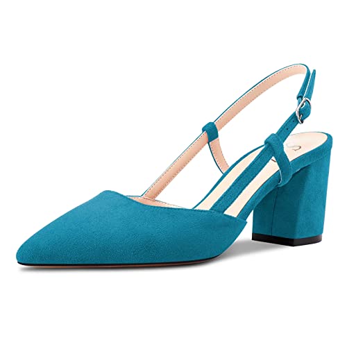Saekcted Damen Mittlerem Chunky Blockabsatz Absatz Heel Spitze Zehenkappe Sandalen Knöchelriemen Slingback Schnalle Pumps Hochzeit Büroschuhe Dress 6.5 CM Heels Schuhe Blau Wildleder B 38 EU von Saekcted