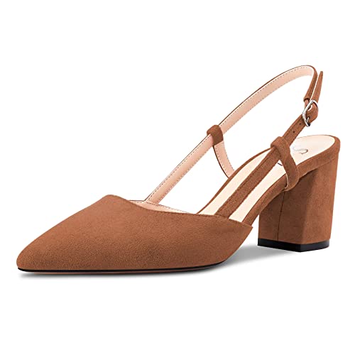 Saekcted Damen Mittlerem Chunky Blockabsatz Absatz Heel Spitze Zehenkappe Sandalen Knöchelriemen Slingback Schnalle Pumps Hochzeit Büroschuhe Dress 6.5 CM Heels Schuhe Braun Wildleder A 38 EU von Saekcted
