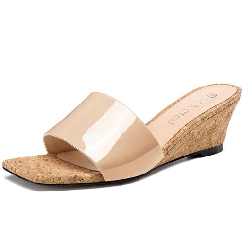 Saekcted Damen Mittlerem Keilabsatz Absatz Heel Eckige Open Zehenkappe Sandalen Slip-on Dress Schuhe Lässig Party Hochzeit Sommer 5 CM Heels Hautfarben 40 EU von Saekcted