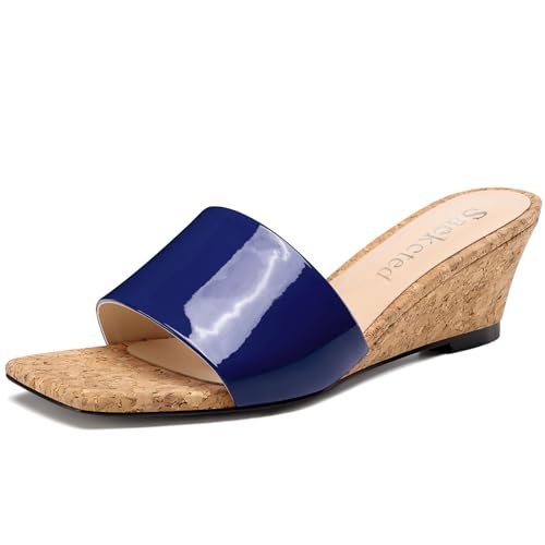 Saekcted Damen Mittlerem Keilabsatz Absatz Heel Eckige Open Zehenkappe Sandalen Slip-on Dress Schuhe Lässig Party Hochzeit Sommer 5 CM Heels Marineblau 40 EU von Saekcted