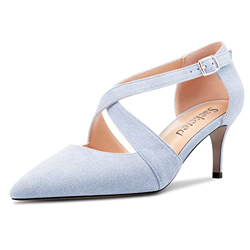 Saekcted Damen Mittlerem Stiletto Absatz Heel Spitze Zehenkappe Pumps Knöchelriemen Kreuzriemen Schnalle Party Dress Schuhe Hellblau Wildleder 37 EU von Saekcted