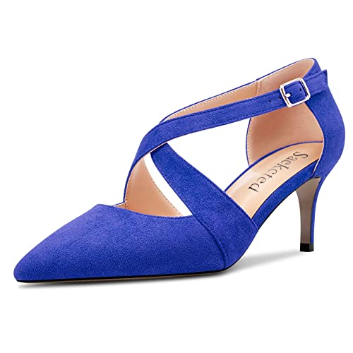 Saekcted Damen Mittlerem Stiletto Absatz Heel Spitze Zehenkappe Pumps Knöchelriemen Kreuzriemen Schnalle Party Dress Schuhe Königsblau Wildleder 37 EU von Saekcted