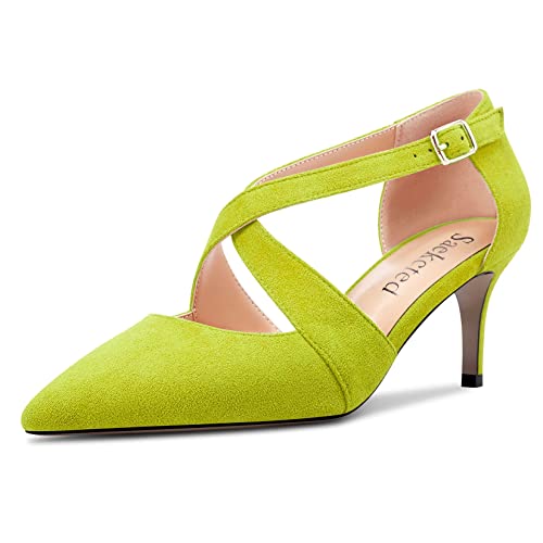 Saekcted Damen Mittlerem Stiletto Absatz Heel Spitze Zehenkappe Pumps Knöchelriemen Kreuzriemen Schnalle Party Dress Schuhe Lindgrün Wildleder 38 EU von Saekcted