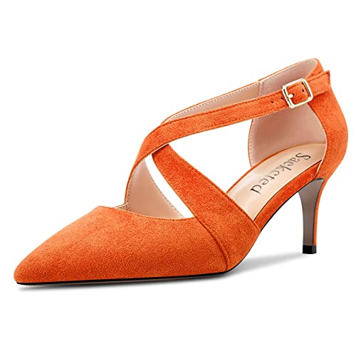 Saekcted Damen Mittlerem Stiletto Absatz Heel Spitze Zehenkappe Pumps Knöchelriemen Kreuzriemen Schnalle Party Dress Schuhe Orange Wildleder 40 EU von Saekcted