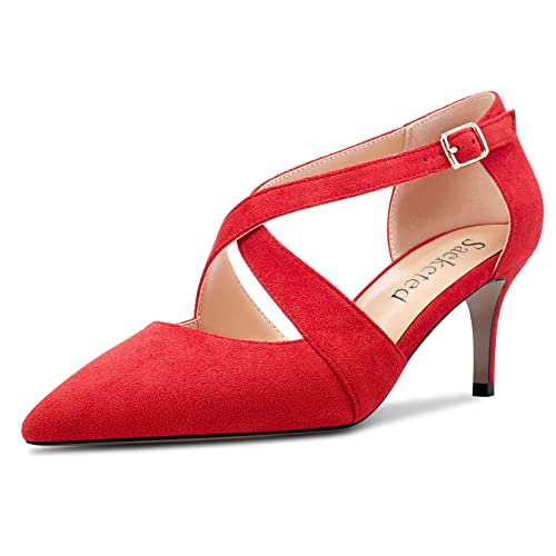 Saekcted Damen Mittlerem Stiletto Absatz Heel Spitze Zehenkappe Pumps Knöchelriemen Kreuzriemen Schnalle Party Dress Schuhe Rot Wildleder 39 EU von Saekcted