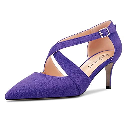 Saekcted Damen Mittlerem Stiletto Absatz Heel Spitze Zehenkappe Pumps Knöchelriemen Kreuzriemen Schnalle Party Dress Schuhe Violett Wildleder 39 EU von Saekcted