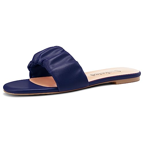 Saekcted Damen Niedrige Absatz Heel Open Zehenkappe Sandalen Slip-on Büroschuhe Klassisch Sommer Flache Schuhe Marineblau 39 EU von Saekcted