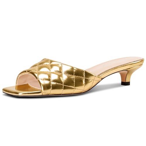 Saekcted Damen Niedrige Kitten Absatz Heel Peep Open Eckige Zehenkappe Sandalen Slip-on Abschlussball Dress 3.5 CM Heels Gold 39 EU von Saekcted