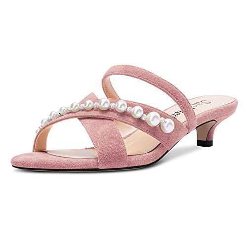 Saekcted Damen Niedrige Kitten Absatz Heel Peep Open Zehenkappe Sandalen Slip-on Perlen Lässig Dress 3.5 CM Heels Rosa 40 EU von Saekcted