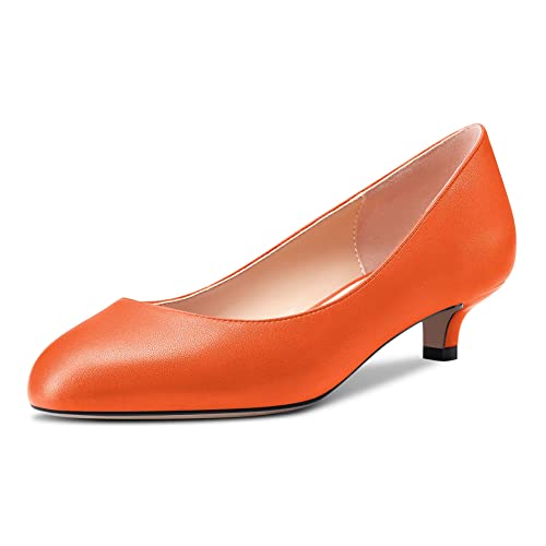 Saekcted Damen Niedrige Kitten Absatz Heel Runde Zehenkappe Slip-on Pumps Hochzeit Cute 3.5 cm Heels Orange 39 EU von Saekcted