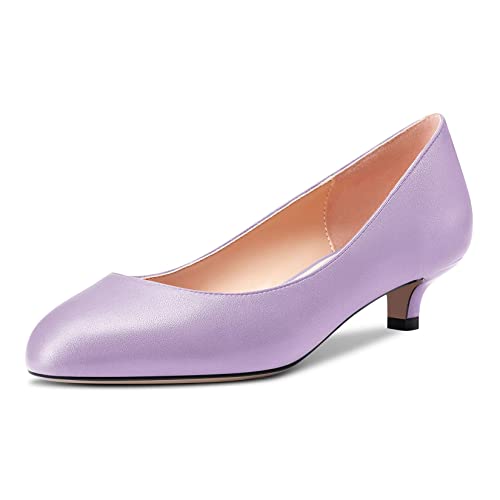 Saekcted Damen Niedrige Kitten Absatz Heel Runde Zehenkappe Slip-on Pumps Hochzeit Cute 3.5 cm Heels Violett 36 EU von Saekcted