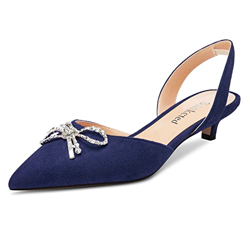 Saekcted Damen Niedrige Kitten Absatz Heel Spitze Zehenkappe Sandalen Slingback Slip-on Pumps Diamant Kristall Bogenknoten Dress Schuhe Marineblau 41 EU von Saekcted
