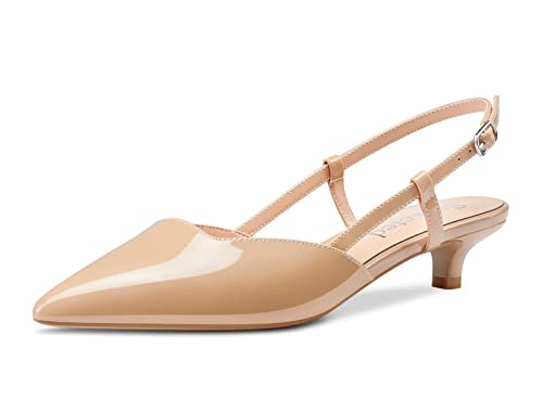 Saekcted Damen Niedrige Kitten Stiletto Absatz Heel Geschlossene Spitze Zehenkappe Pumps Knöchelriemen Slingback Schnalle Hochzeit Büroschuhe Cute Sandalen Schuhe Beige Lackleder 39 EU von Saekcted