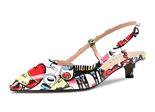 Saekcted Damen Niedrige Kitten Stiletto Absatz Heel Geschlossene Spitze Zehenkappe Pumps Knöchelriemen Slingback Schnalle Hochzeit Büroschuhe Cute Sandalen Schuhe Mehrfarbig Lackleder 37 EU von Saekcted
