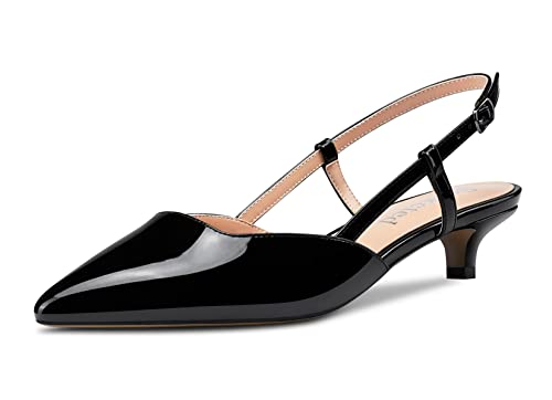 Saekcted Damen Niedrige Kitten Stiletto Absatz Heel Geschlossene Spitze Zehenkappe Pumps Knöchelriemen Slingback Schnalle Hochzeit Büroschuhe Cute Sandalen Schuhe Schwarz Lackleder 43 EU von Saekcted