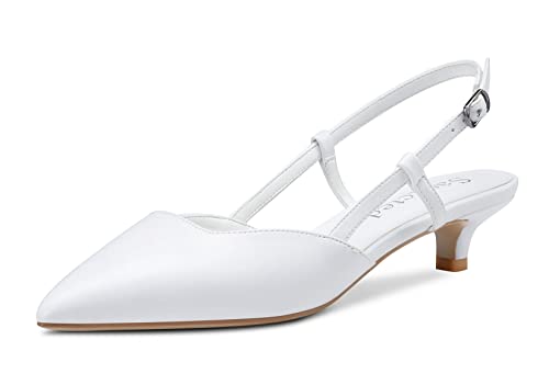 Saekcted Damen Niedrige Kitten Stiletto Absatz Heel Geschlossene Spitze Zehenkappe Pumps Knöchelriemen Slingback Schnalle Hochzeit Büroschuhe Cute Sandalen Schuhe Weiß Matt 44 EU von Saekcted