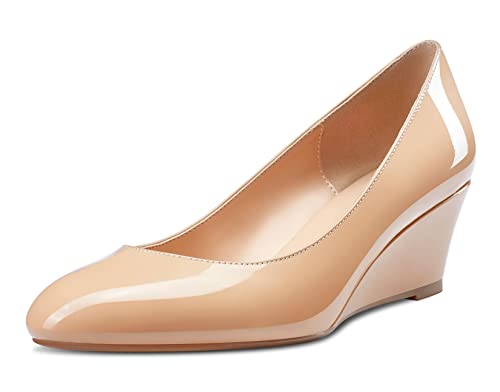 Saekcted Damen Pumps mit Mittlerem Absatz Klassische Runder Spitze Keilschuhe Büro Schuhe 5CM Absätze Beige Lackleder 43 EU von Saekcted