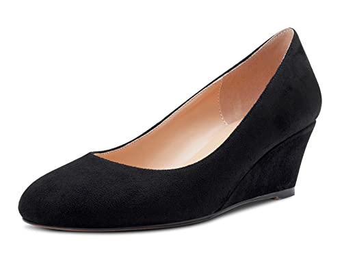 Saekcted Damen Pumps mit Mittlerem Absatz Klassische Runder Spitze Keilschuhe Büro Schuhe 5CM Absätze Schwarz Wildleder 45 EU von Saekcted
