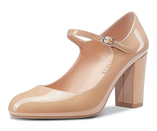 Saekcted Damen Pumps mit klobigem Mary Jane Absatz High Heels Runde Zehe Pumps Hochzeitsschuhe 8CM Absatz Beige Lackleder 43 EU von Saekcted