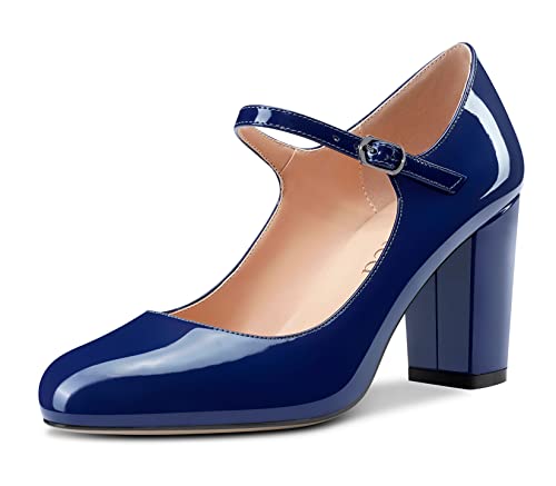 Saekcted Damen Pumps mit klobigem Mary Jane Absatz High Heels Runde Zehe Pumps Hochzeitsschuhe 8CM Absatz Blau Lackleder 39 EU von Saekcted