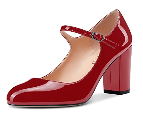 Saekcted Damen Pumps mit klobigem Mary Jane Absatz High Heels Runde Zehe Pumps Hochzeitsschuhe 8CM Absatz Burgundy Lackleder 45 EU von Saekcted