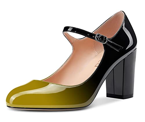 Saekcted Damen Pumps mit klobigem Mary Jane Absatz High Heels Runde Zehe Pumps Hochzeitsschuhe 8CM Absatz Gelb Lackleder 41 EU von Saekcted