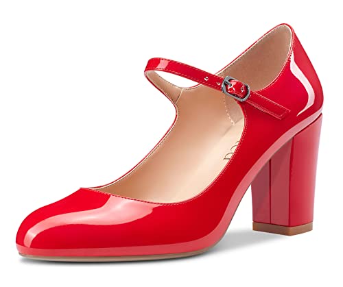 Saekcted Damen Pumps mit klobigem Mary Jane Absatz High Heels Runde Zehe Pumps Hochzeitsschuhe 8CM Absatz Rot Lackleder 39 EU von Saekcted