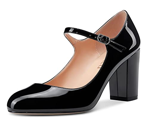 Saekcted Damen Pumps mit klobigem Mary Jane Absatz High Heels Runde Zehe Pumps Hochzeitsschuhe 8CM Absatz Schwarz Lackleder 43 EU von Saekcted