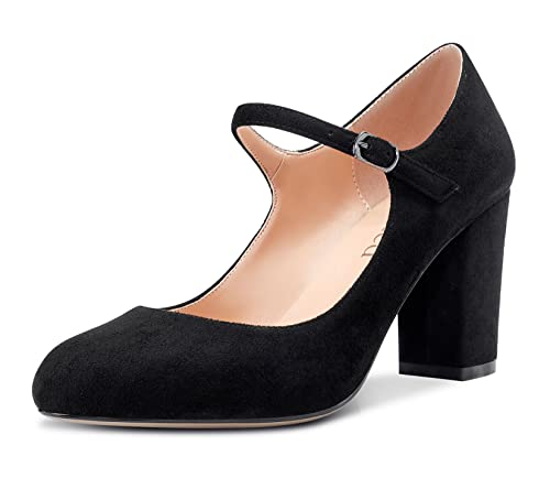 Saekcted Damen Pumps mit klobigem Mary Jane Absatz High Heels Runde Zehe Pumps Hochzeitsschuhe 8CM Absatz Schwarz Wildleder 43 EU von Saekcted